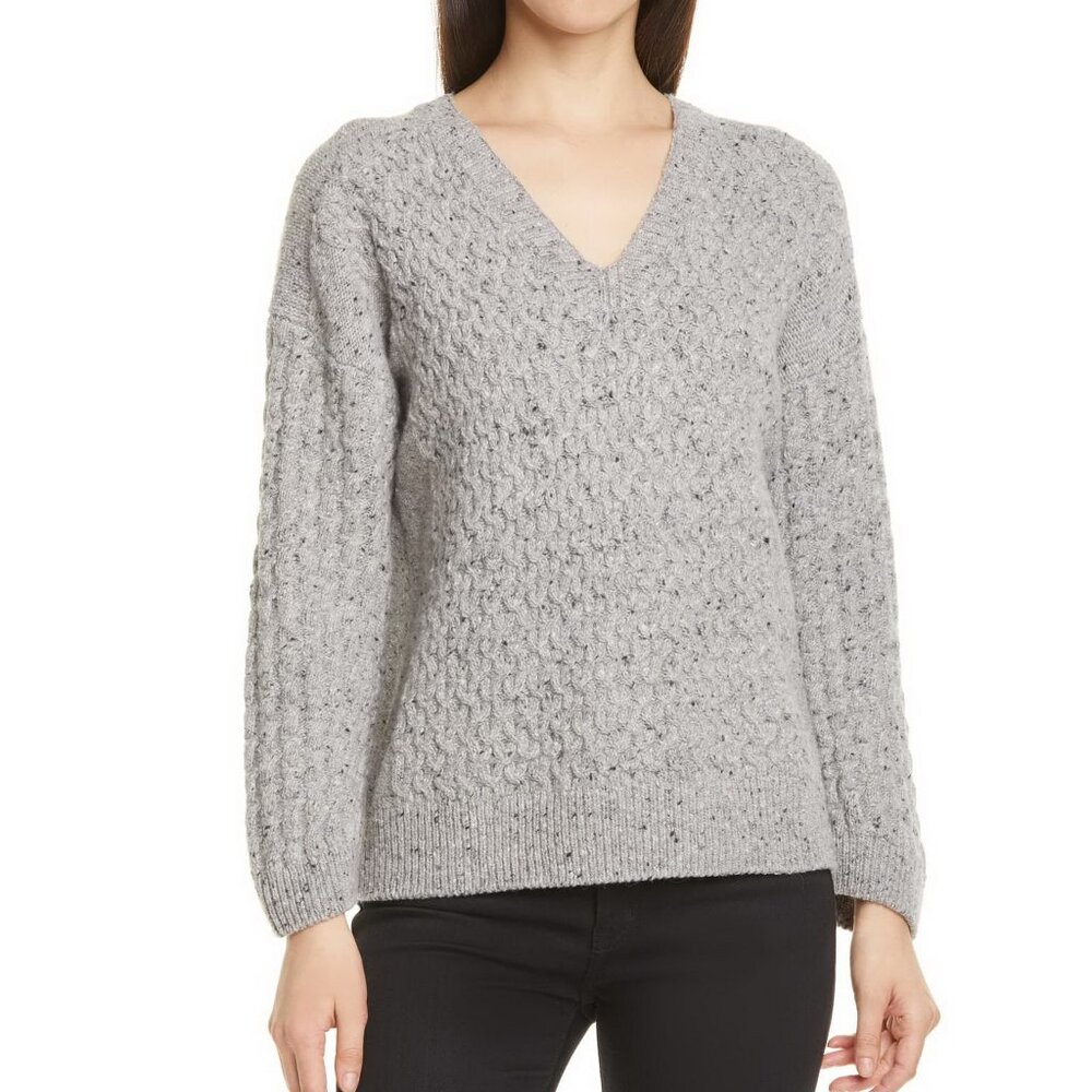 NWT Vince Cable Knit V-Neck Merino Wool Alpaca Sweater Light Mist Grey